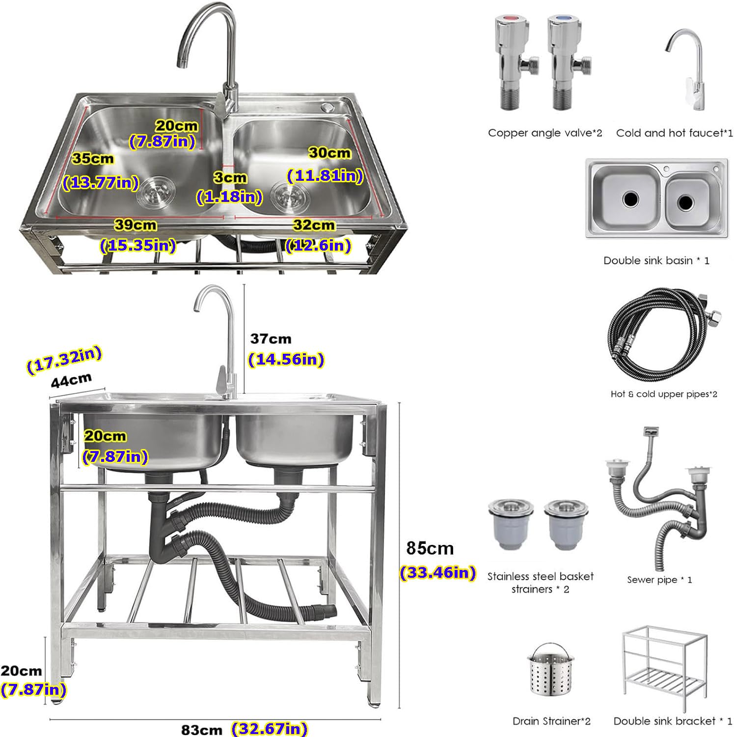 Fregadero Exterior de Acero Inoxidable con 2 Cubetas (83x45x85cm) - Estante de Almacenamiento e Incorpora Grifo de Agua Fría y Caliente para Jardín,Ideal Hostelería