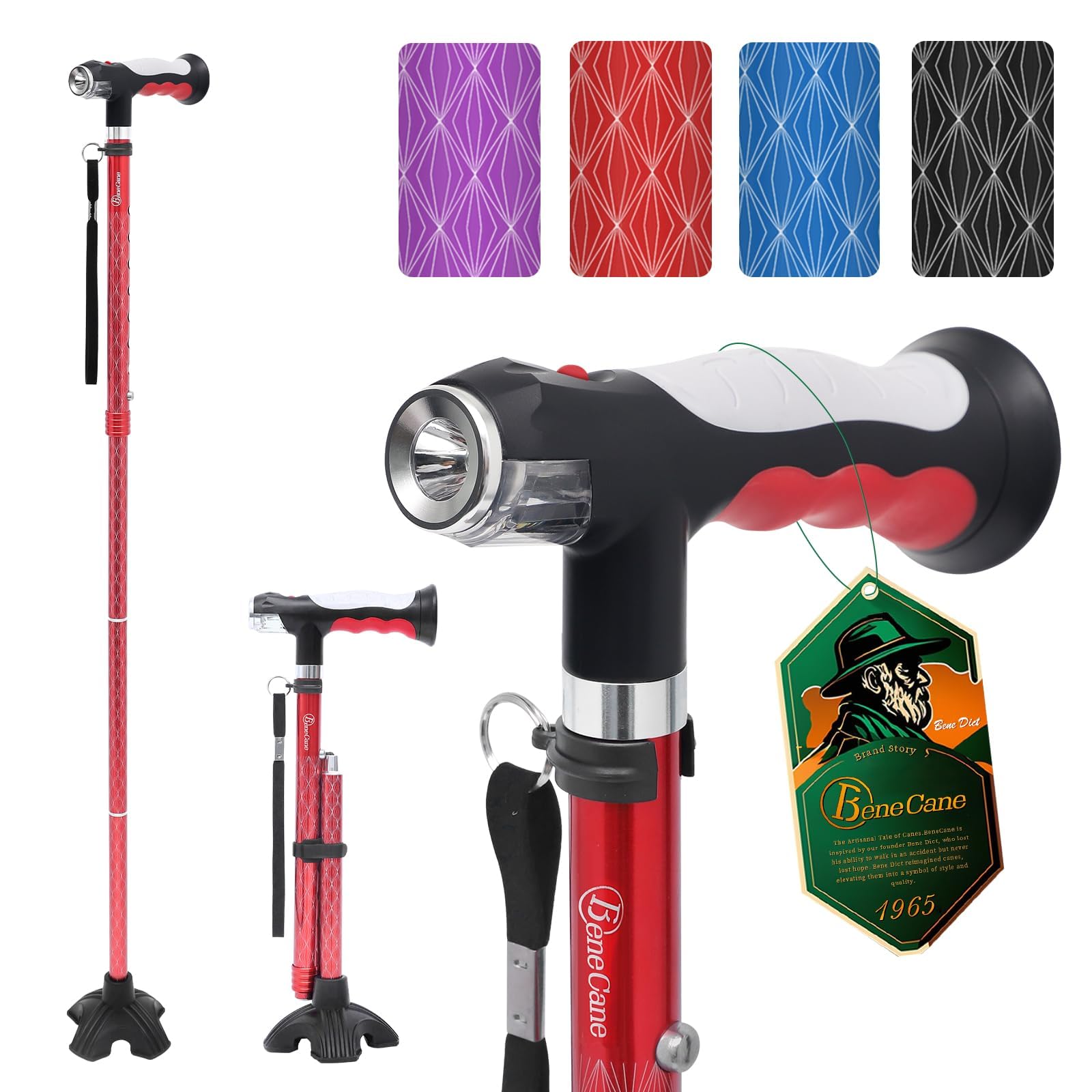 BeneCane Canne de Marche Pliable avec Deux lumières LED,Canne de Marche Femme et Homme,Hauteur Réglable et Légère en Aluminum