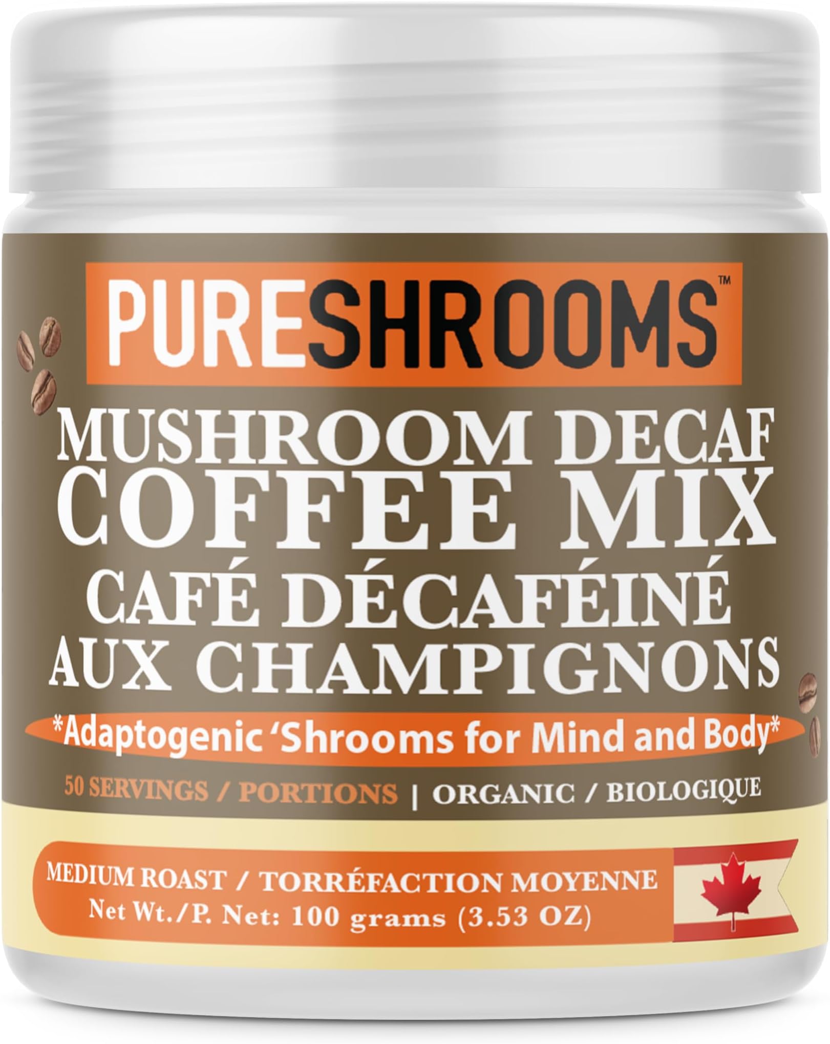 Decaf Mushroom Coffee w/Ultra Concentrated Organic Lion's Mane & Cordyceps 30:1 - Made in North America (Net Wt. 100g/3.53oz)