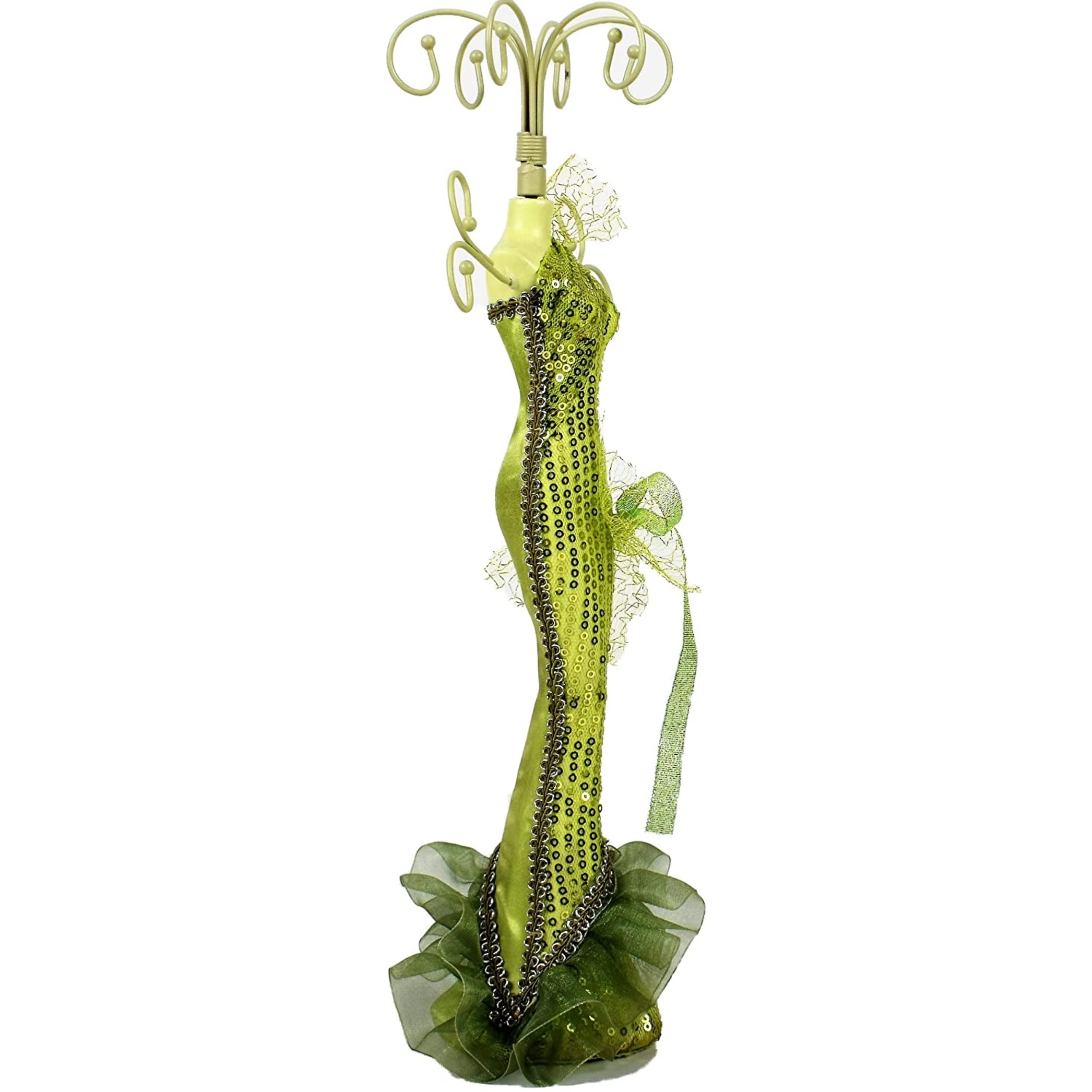 Portagioie a forma di manichino decorativo vintage, espositore originale per collane, orecchini, bracciali, ciondoli, estroso o decorativo, legno e tessuto, gancio in metallo, altezza circa 39 cm