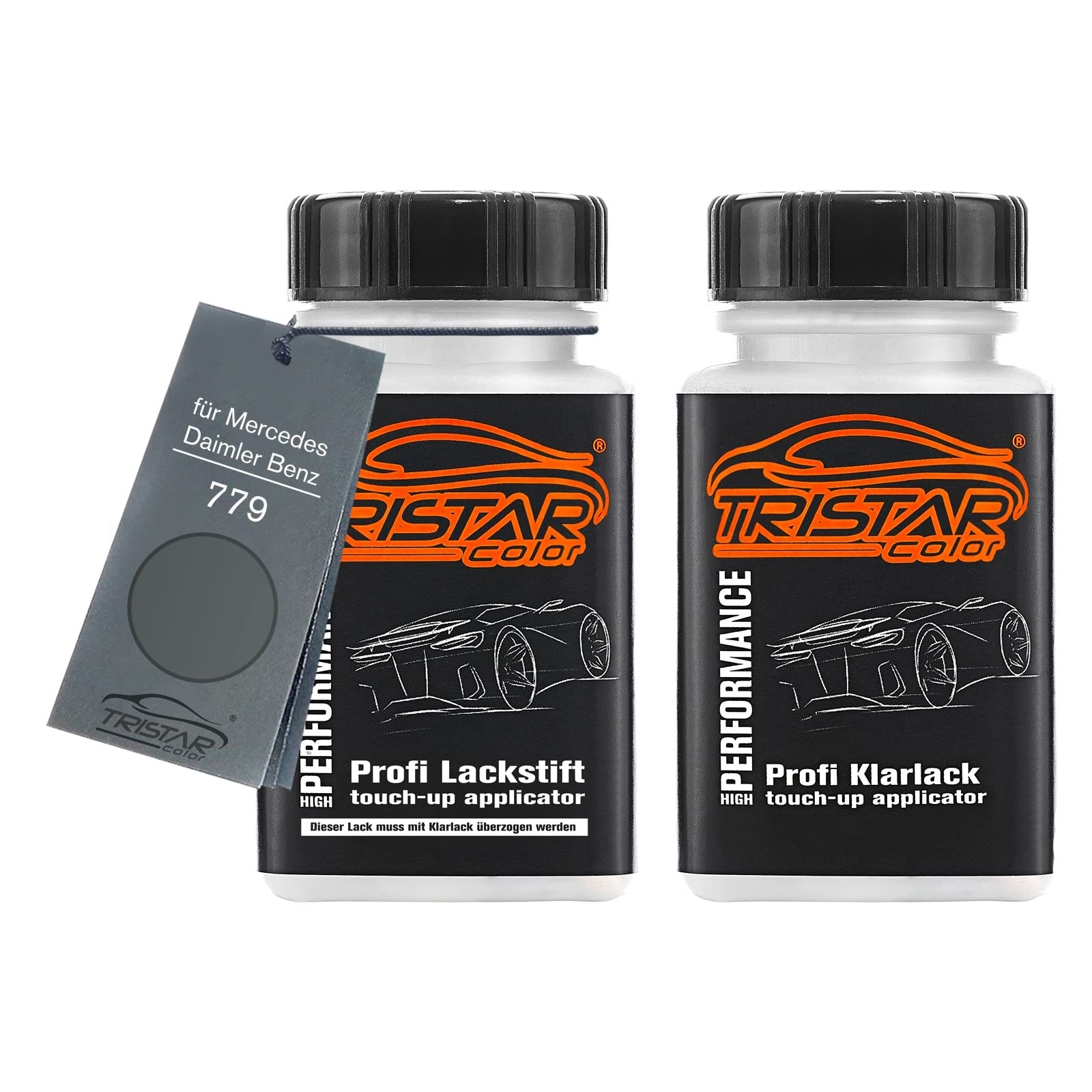 TRISTARcolor Pintura automotriz Set de lápices de retoque para Mercedes/Daimler Benz 779 Alabandingrau Metallic/Diopsidgrün Metallic Pintura base y transparente, 50 ml cada uno