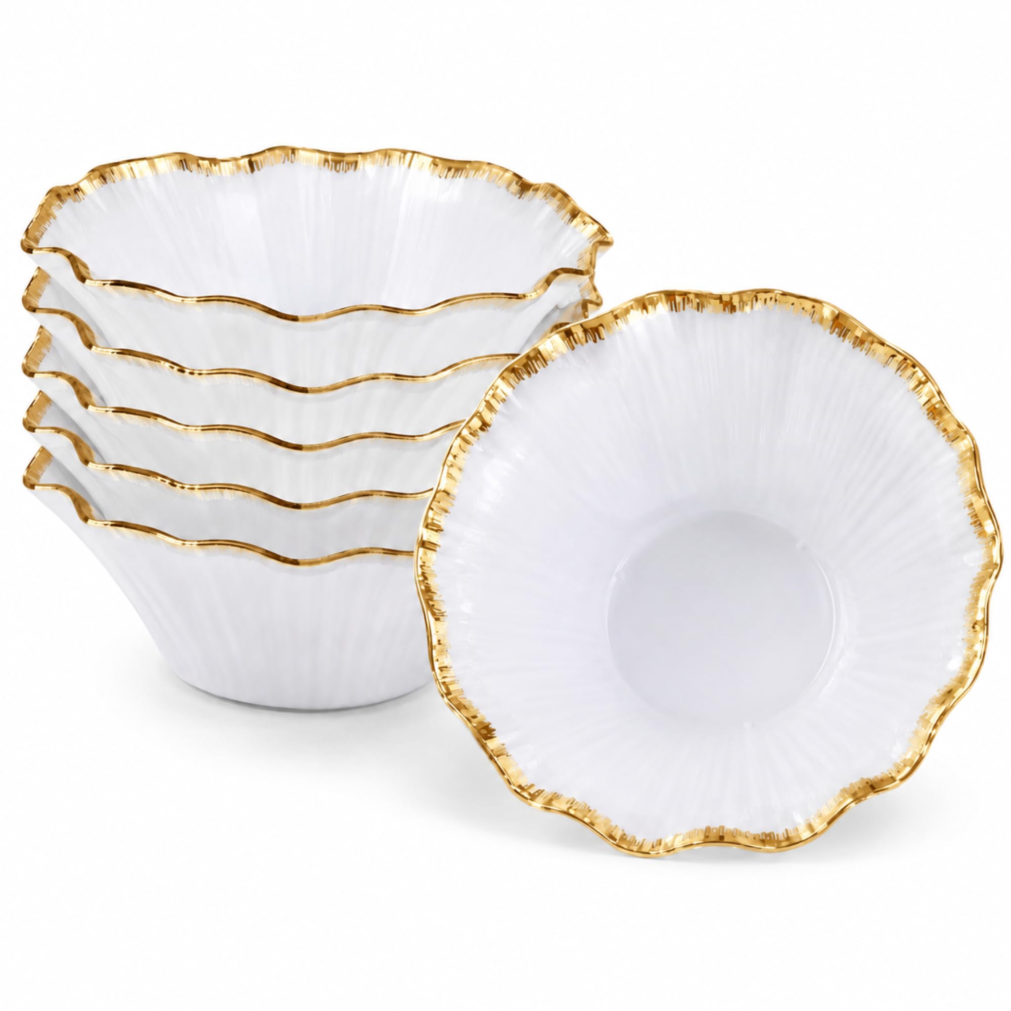 Playlearn Luxia 20Pcs Reusable Plastic Serving Bowl Featuring Flower Designed Rim - White Gold Bowl for Salad, Fruit, Popcorn, Chips, Flowers and Party Entertaining (Clear&Gold)
