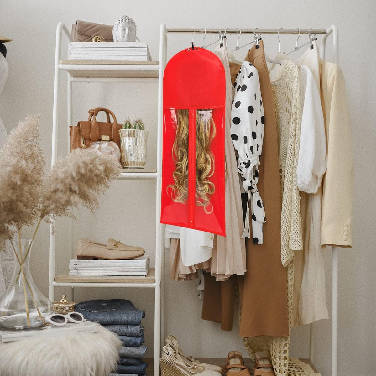 Qavctw 5PCS Hair Extension Holder Wig Storage Bag Hairpieces Storage Holder for Multiple Wigs & Accessories Dust-proof Storage Organizer with Hook Hair Extensions