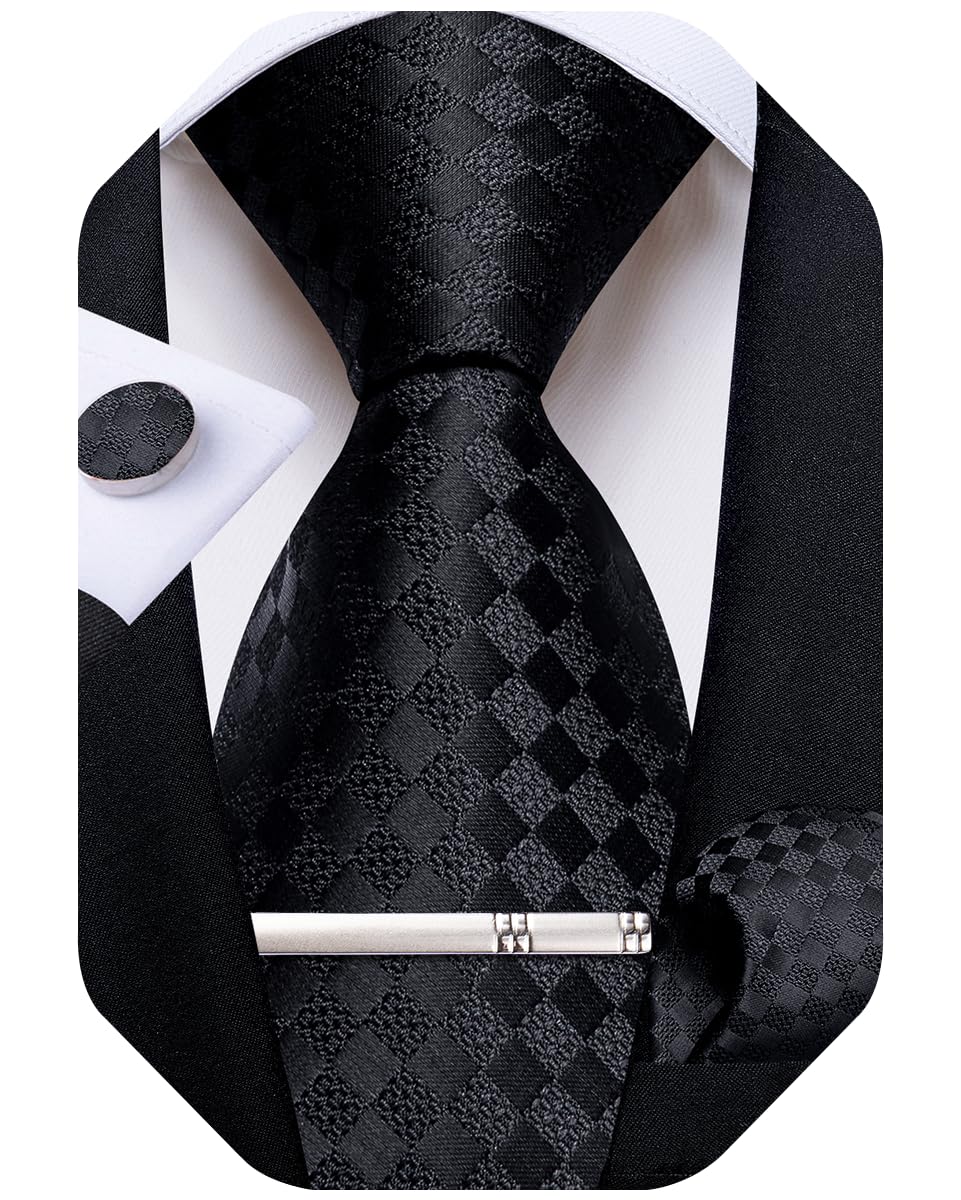 DiBanGu Mens Silk Plaid Tie and Pocket Square Set