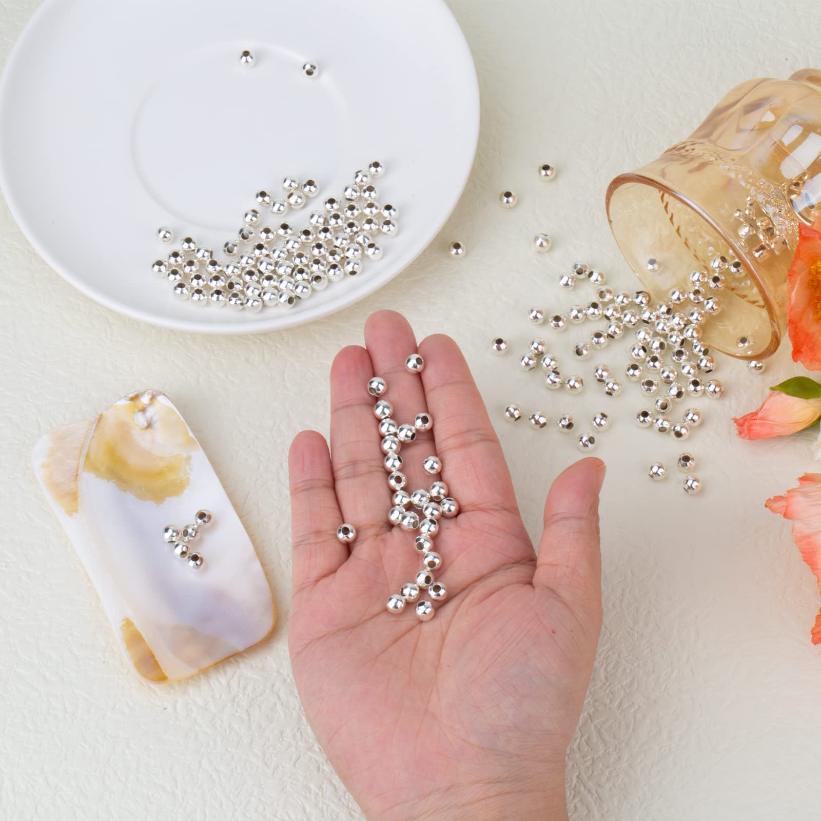 SAVITA 200 Pezzi 6 mm Perline Distanziatrici Rotonde per Creazione di Gioielli, Metallo Argento Tonde Lisce per Braccialetti Collane Orecchini Artigianato Fai-Da-Te