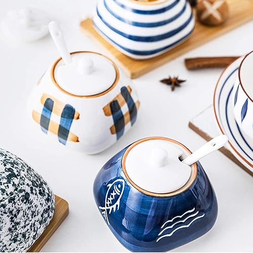 Miniatura 2 de Recipiente de especias de porcelana con juego de 3 recipientes de condimentos de cerámica con cuchara de servir y tapa de cerámica, bandeja de bambú