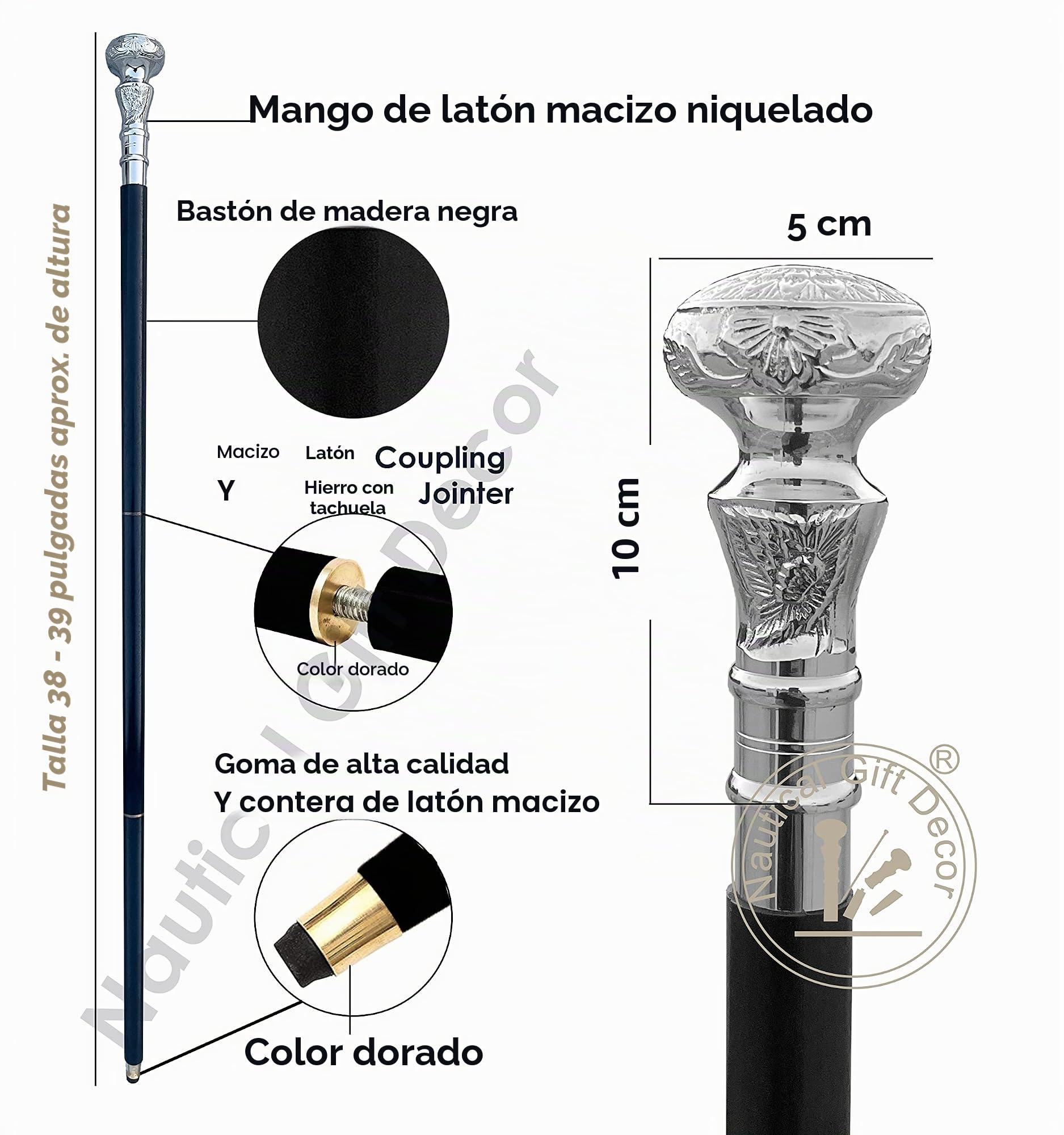 Caña Bastón de madera vintage antiguo con mango de latón plateado para regalo
