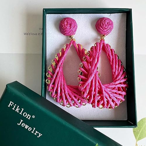 Miniatura 4 de Fiklon Aretes de gota de ratán boho para mujer, aretes de lágrima de rafia, hechos a mano, aretes de verano rosa intenso para niñas