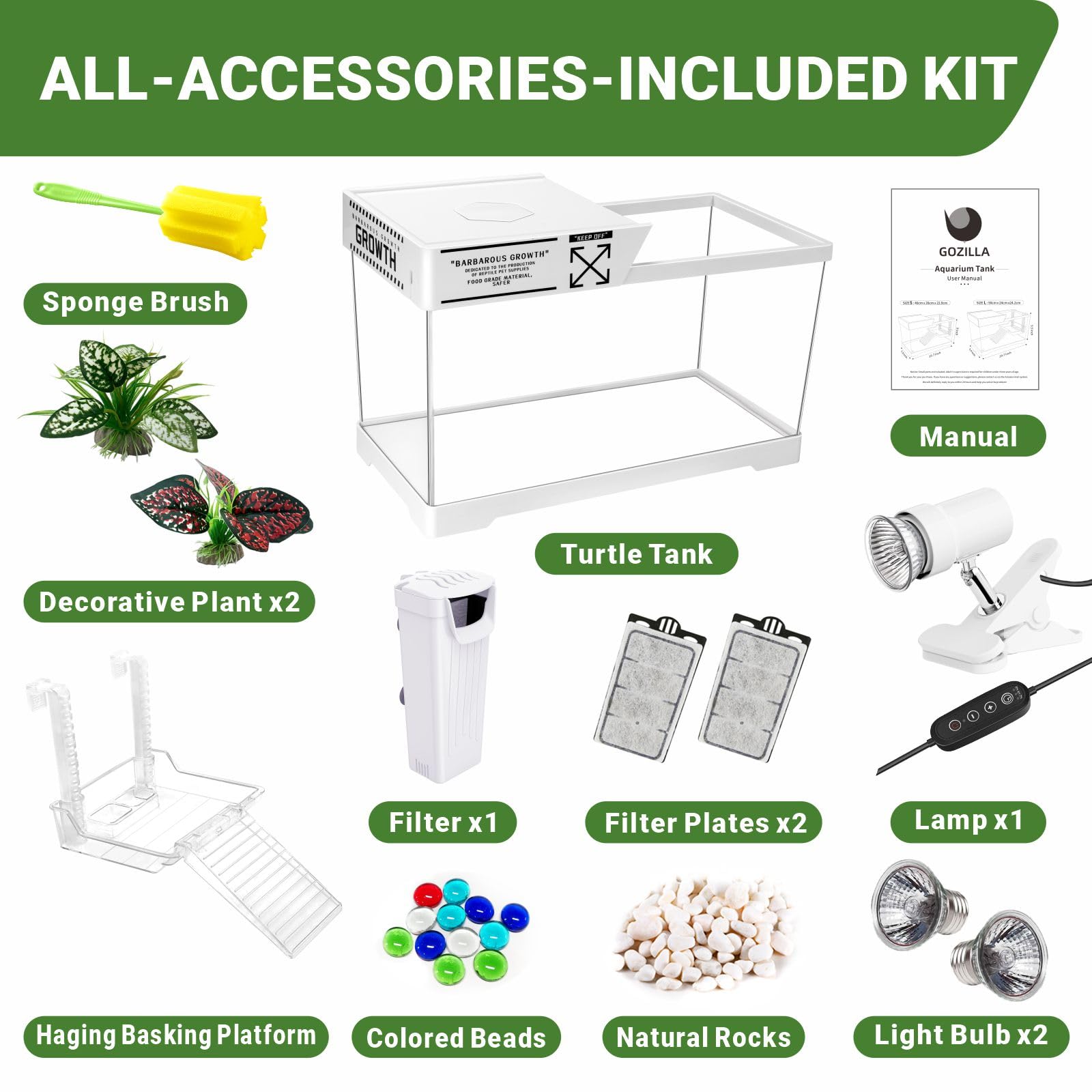 GOZILLA Kit Acquario per Tartarughe Acquatiche+Lampada+Filtro, Kit di Avviamento Aggiornato PC per Tartarughe con Lampada e Filtro Regolabili, Habitat per Rettili con Coperchio, Piattaforma Sospesa