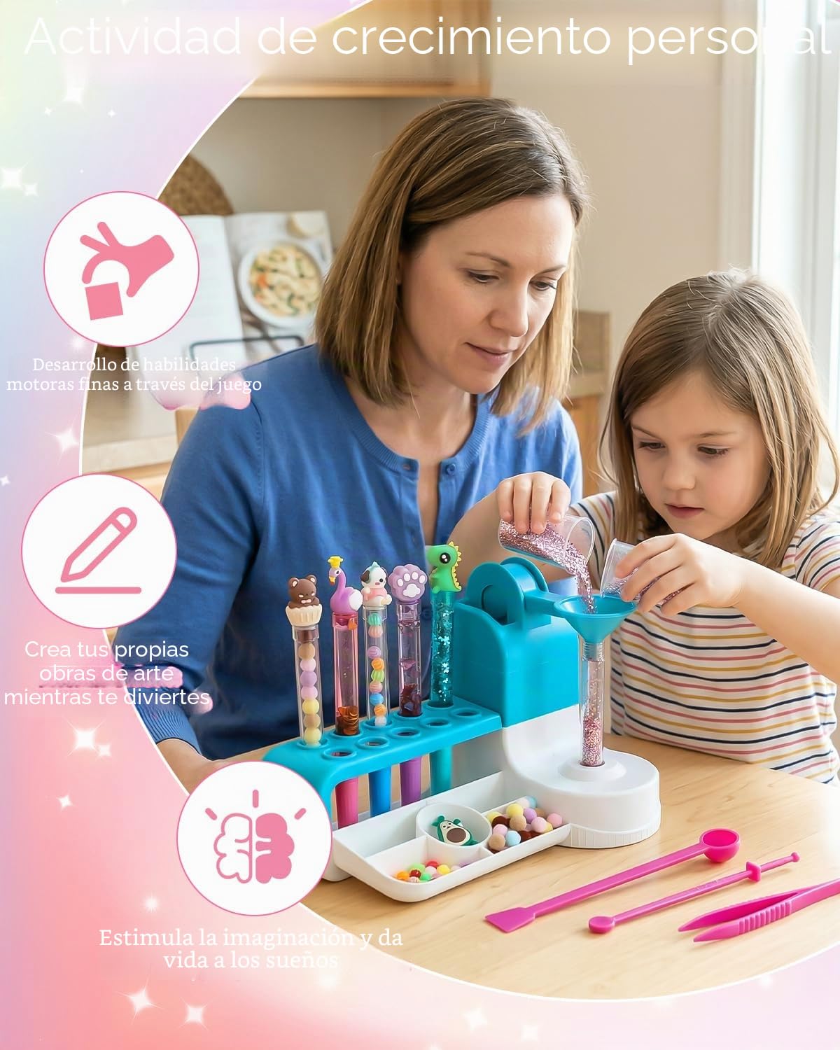 Set de plumas de bricolaje para niños a partir de 6 años, con 50 accesorios para 10 plumas personalizadas (purpurina, plumas, personajes), set creativo como regalo para el cumpleaños de los niños y el