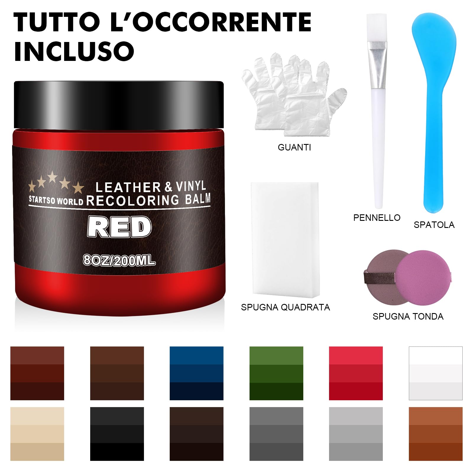 STARTSO WORLD 200ml Kit Riparazione Cuoio, Set Rosso per Arredamento, Divani e Sedili Auto - Tintura e Vernice per Riparazione Cuoio Decolorato e Graffiato