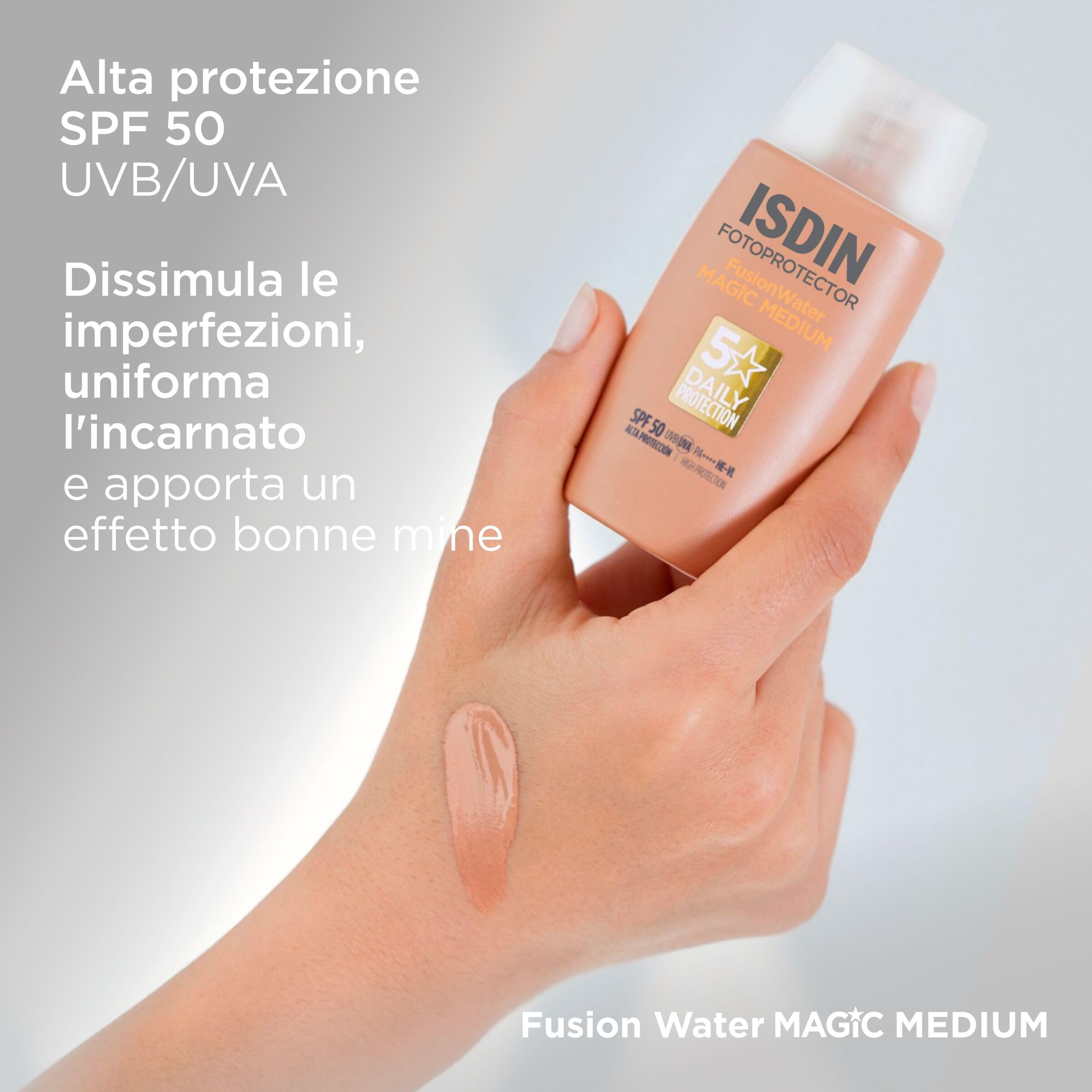 ISDIN Fotoprotector Fusion Water MAGIC Color SPF 50 | Protezione Solare Viso Colorata Leggera e Fase Esterna Acquosa | 50 ml
