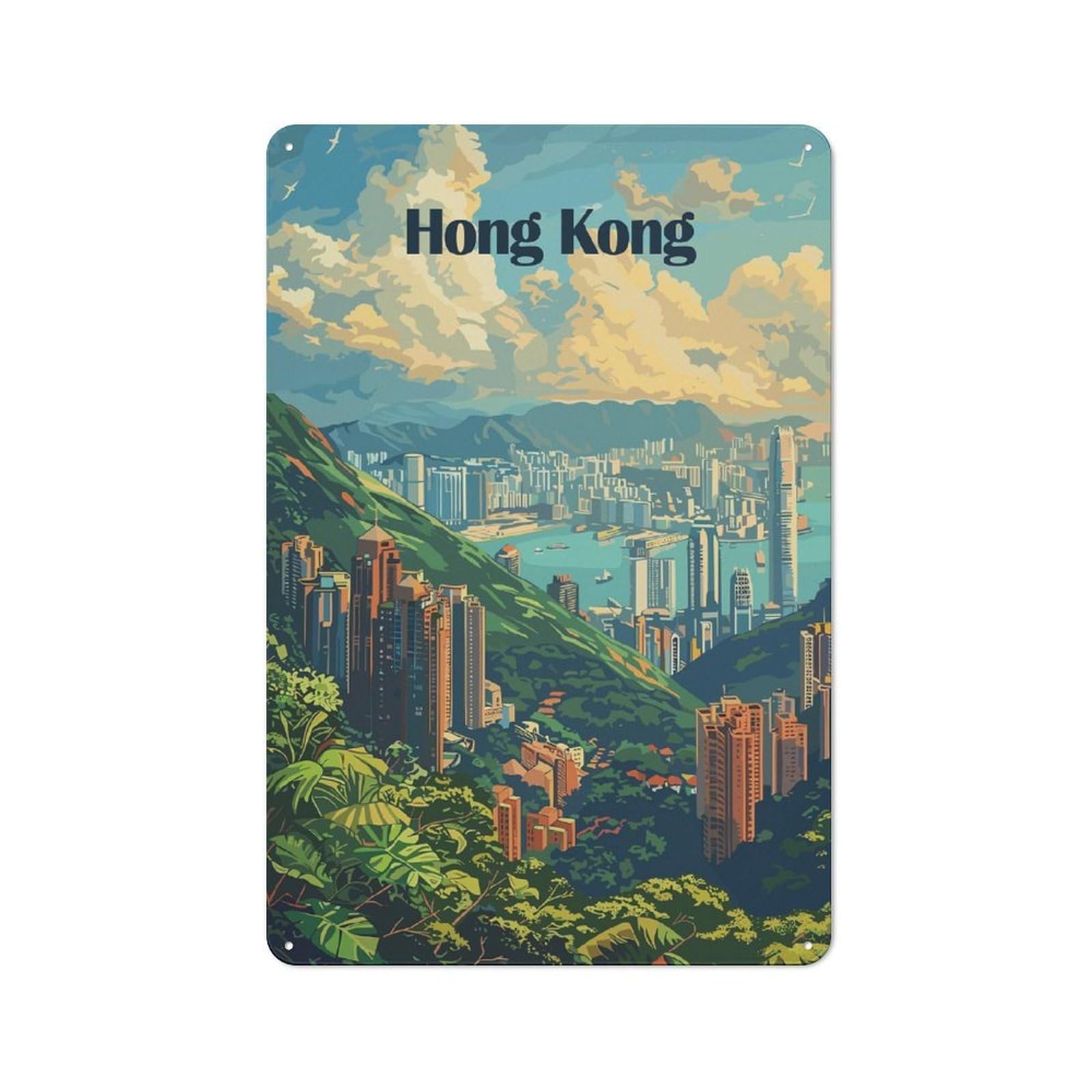 Junmoney Hong Kong Cityscape Illustration Workshop Style Metal Wall Decor 30X20cm, Tin Sign For Tool Room, Garage, Studio Or Home Bar