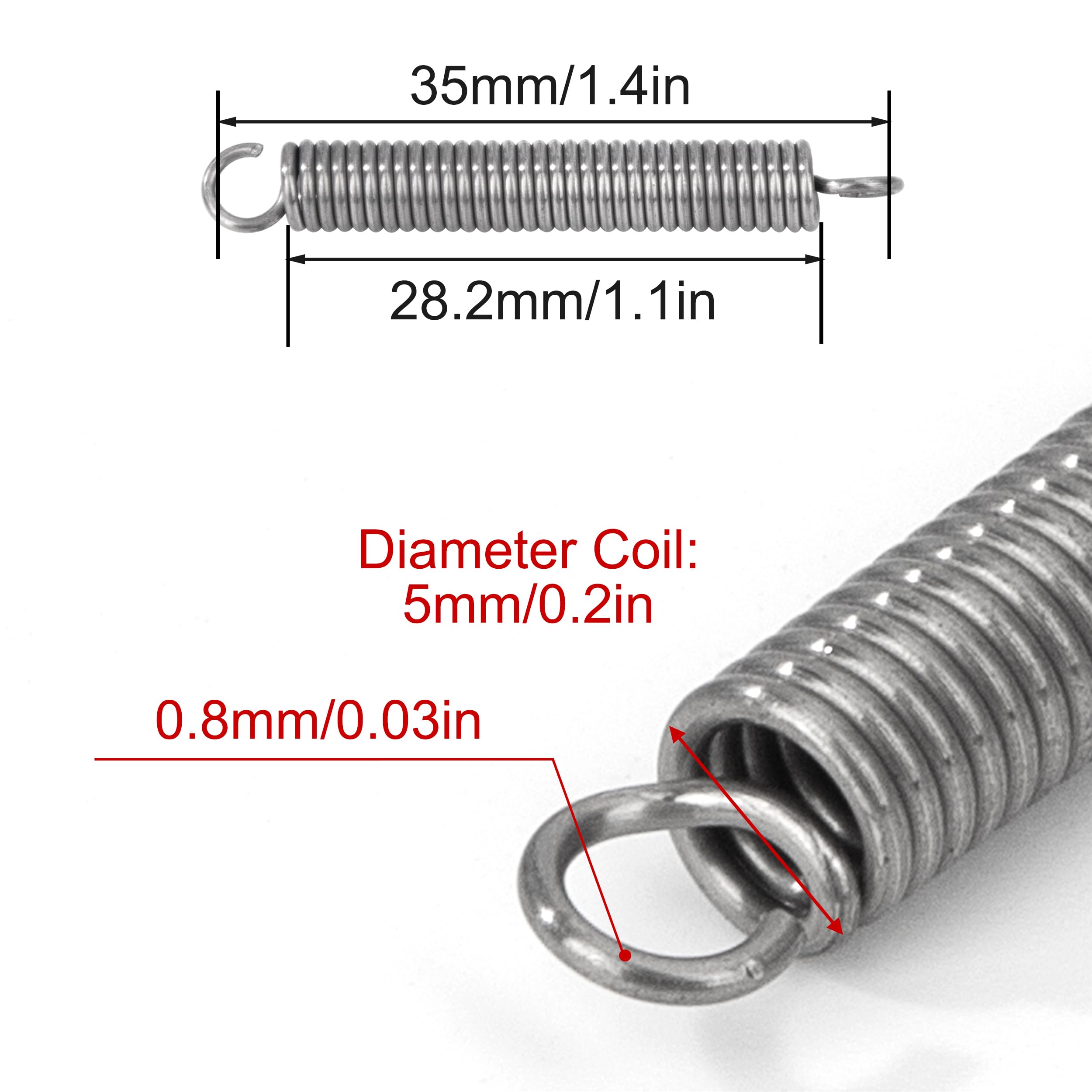Sprężyny naciągowe z hakiem stal szlachetna sprężyna naciągowa sprężyna napinająca 35 mm średnica zewnętrzna 5 mm średnica drutu 0,8 mm kąt haka 90 stopni maksymalna siła ciągnąca 2,1 kg 0,8 x 5
