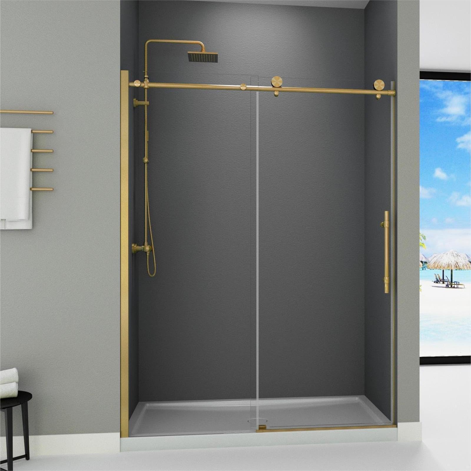 Sunrosa Frameless Shower Door, 51-55" W x 76" H Sliding Shower Door ...