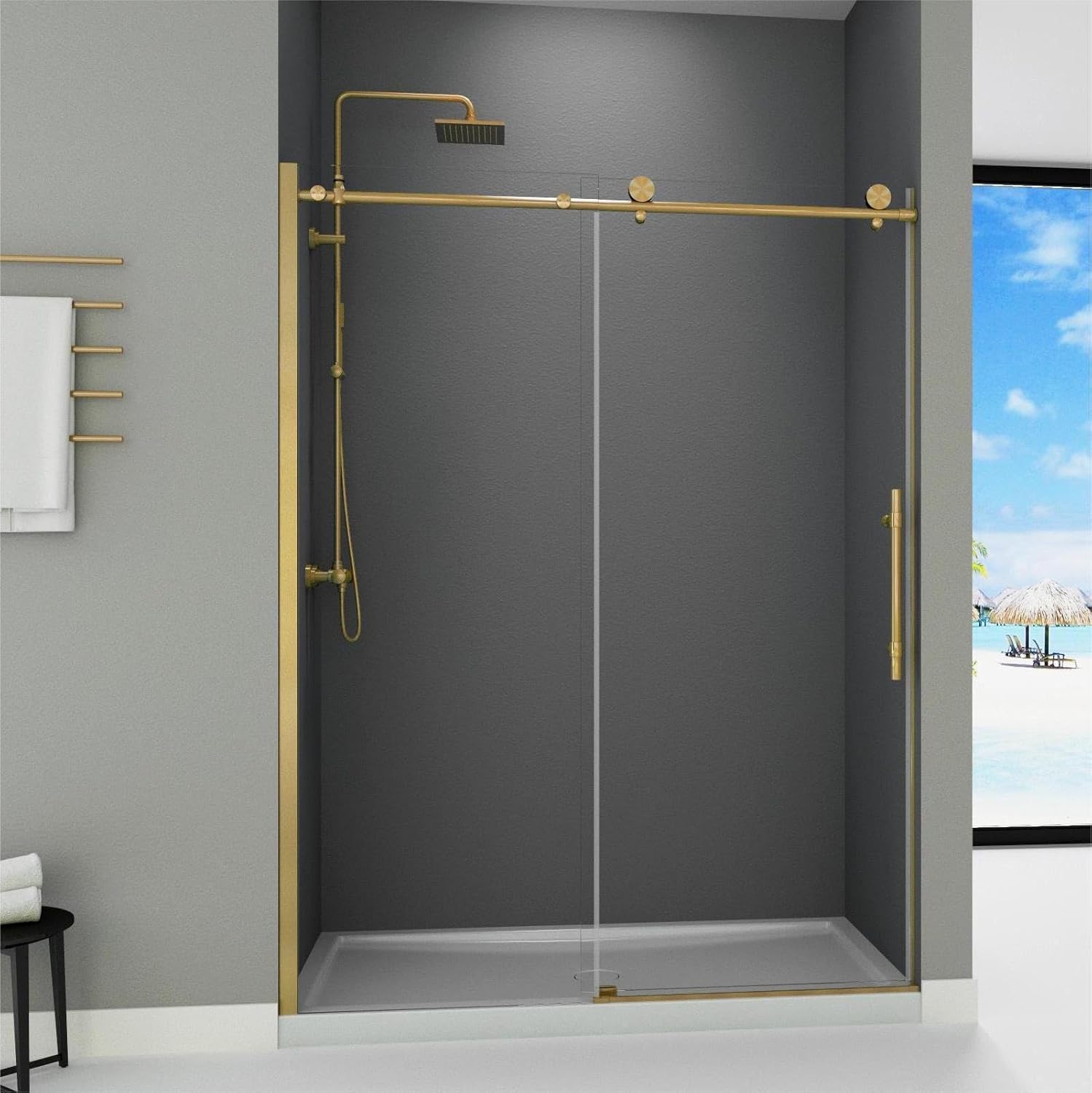 56" -60 "W x 75" H Frameless Shower Door, Bathroom Sliding Shower Door, SGCC Certified Transparent Tempered Glass Door with Explosion Proof Film, Easy to Install