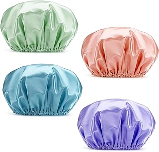Shower Cap Waterproof Shower Cap Shower Cap For Women Satin Bonnet Kitchen Fume Cap With Eva Shower Cap Reusable Medium Size 4 Pieces (Green-Purple-Rainbow Pink Blue)
