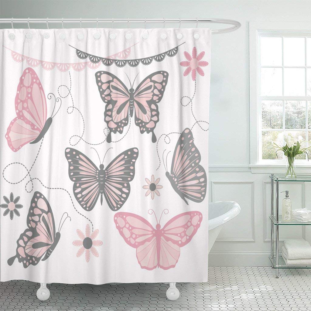 JOOCAR Design Shower Curtain, Blue Pink and Grey Butterfly Collections Silhouette Flower Lace, Waterproof Cloth Fabric Bathroom Decor Set with Hooks