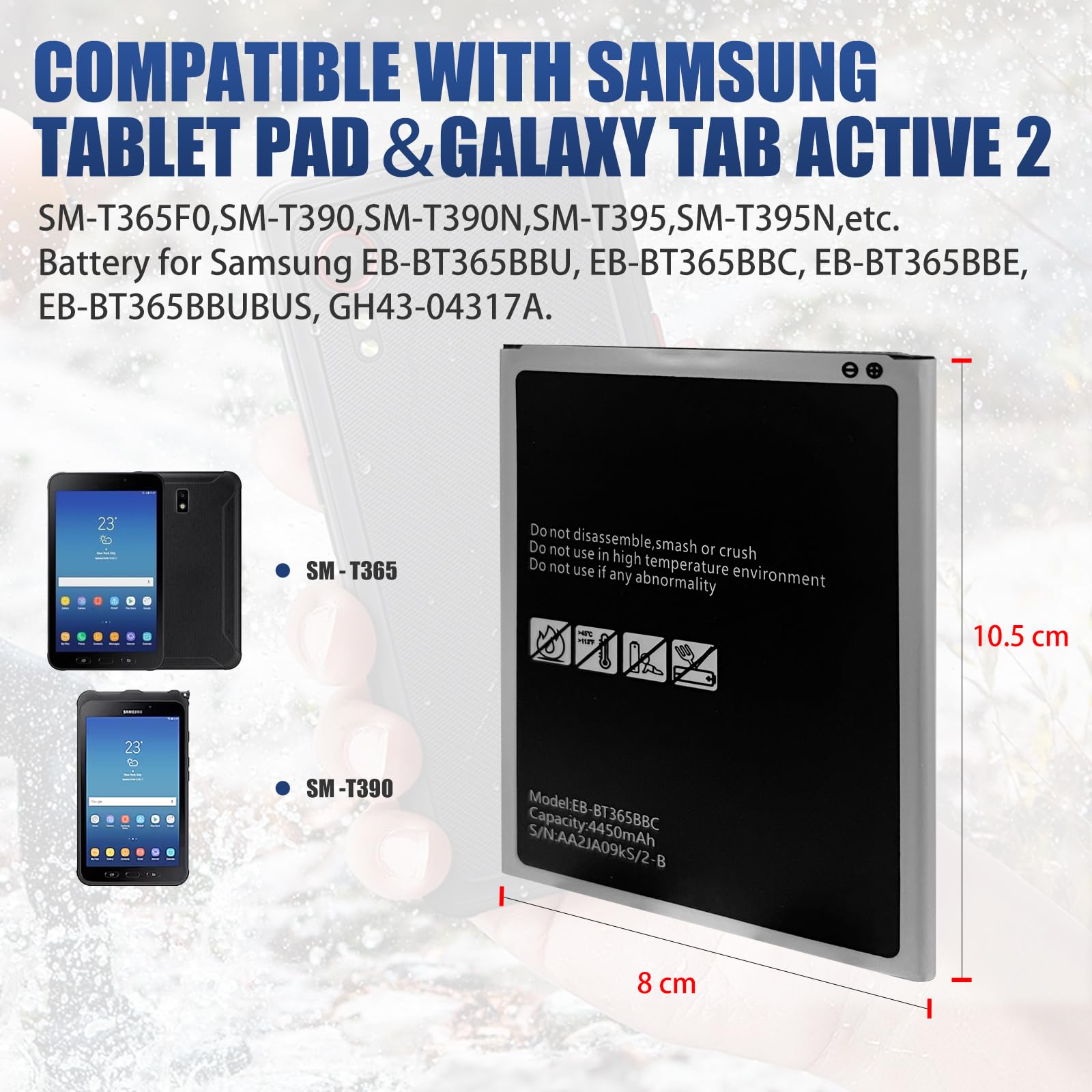 Batería de repuesto para Samsung Galaxy Tab Active, Galaxy Tab Active 2, SM-T365F0, SM-T390, SM-T390N, SM-T395, SM-T395N, batería de repuesto para Samsung EB-BT365BBU, GH43-04317A, etc