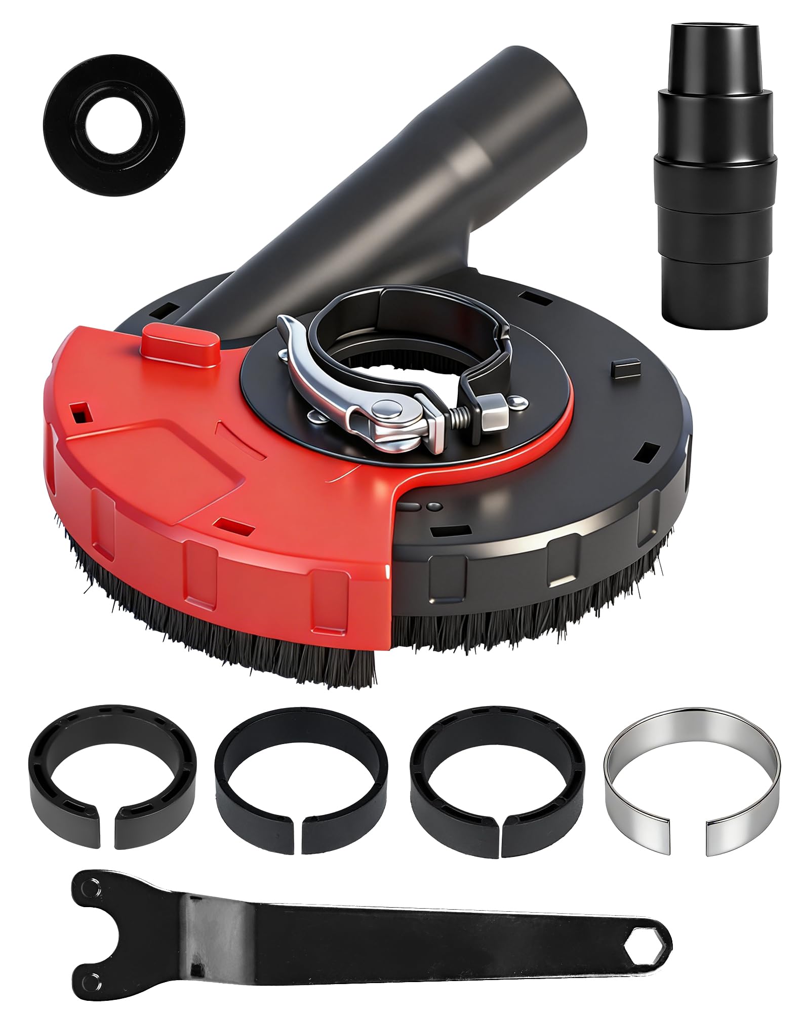 Capot d'aspiration universel pour meuleuse d'angle 115/125 mm avec couronne de brosse avec adaptateur et outil, jusqu'à 90 % de poussière en moins lors du ponçage pour meuleuse d'angle 115/125 mm