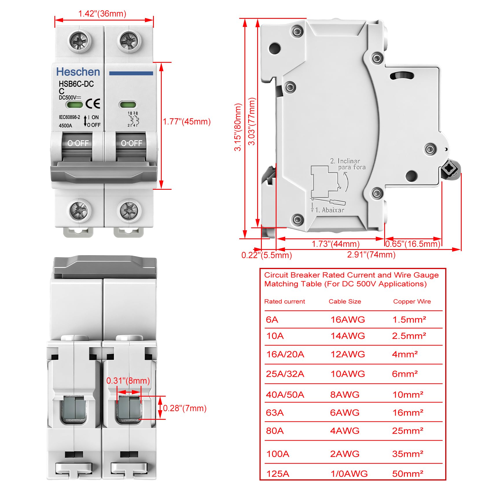 Heschen 2 unidades Disyuntor en miniatura DC, HSB6C-DC, 2 polos, DC500V 20A, disyuntor fotovoltaico, para sistema de paneles solares de PVC, sistema de rejilla, montaje en carril DIN de 35mm (20A)
