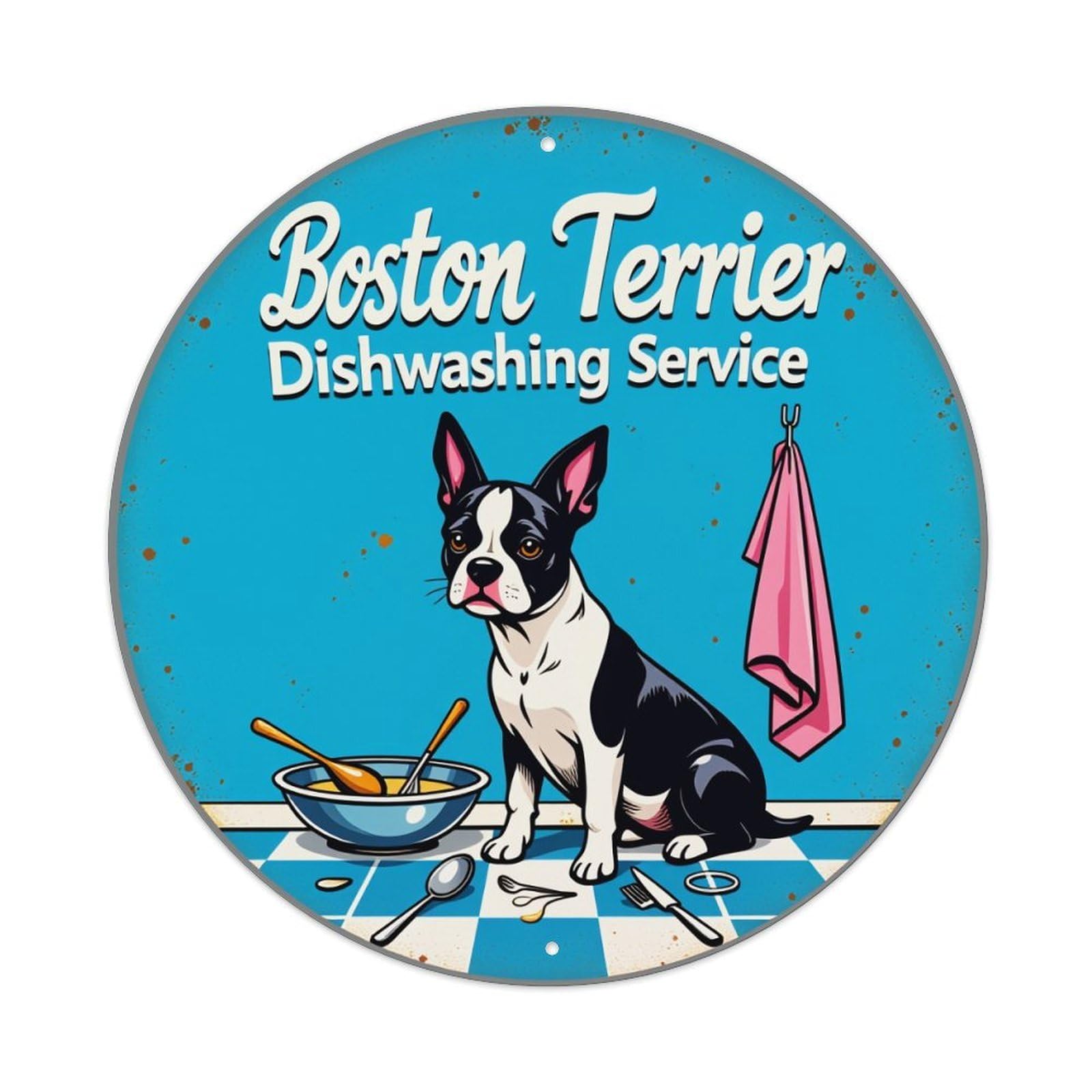 Boston Terrier Dishwashing Service Vintage Metal Tin Sign Retro Wall Decor for Home Bar Garage Cafe, Indoor & Outdoor Decorative，circle Metal Poster, 8x8 Inch