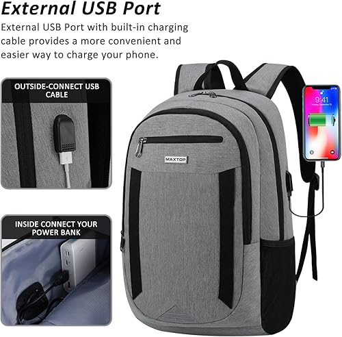 Miniatura 4 de Mochila de viaje para laptop, mochilas de negocios con puerto de carga USB, resistente al agua, mochila escolar universitaria, Gris-15.6 Pulgadas,