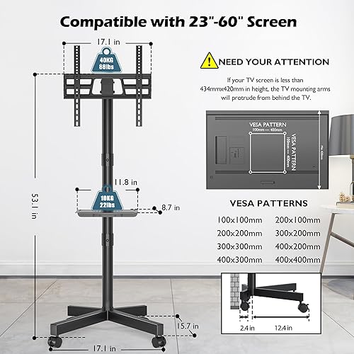 Miniatura 7 de BONTEC Soporte de TV móvil con inclinación, carrito de TV rodante con estante multimedia y ruedas, se adapta a televisores LED de 23 a 60 pulgadas,