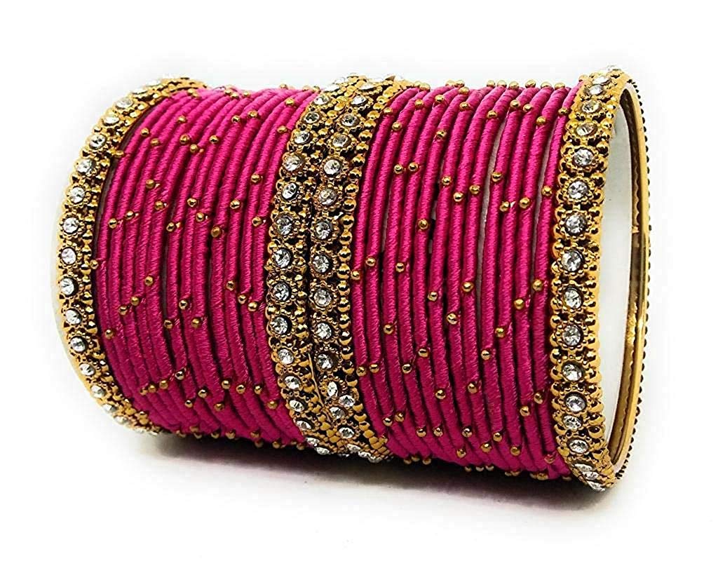 Oneness Handmade Silk Thread Metal Bangle Traditional Bridal Jwellery With Zircon Stone Work (Bridal Chuda/Wedding Chuda) For Women And Girls - (Set Of 28)_Dark Pink_2.8 (B08WLX3Z98) Amazon Price History, Amazon Price Tracker
