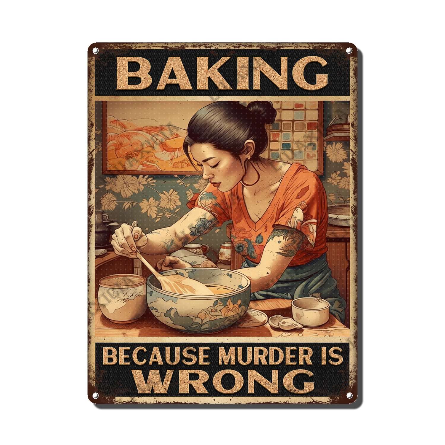 peiyeety Metal Tin Sign Baking Because Murder Is Wrong Vintage Decorative Wall Art,Retro Funny Kitchen Rustic Plaque for Home Living Room Bedroom Kitchen,12x16 Inch