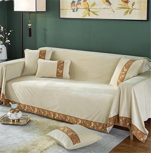 Funda de sofá para sofá, color beige sólido con bordes con patrón de nubes, protector de muebles, resistente a las manchas, funda de sofá, felpa, 75