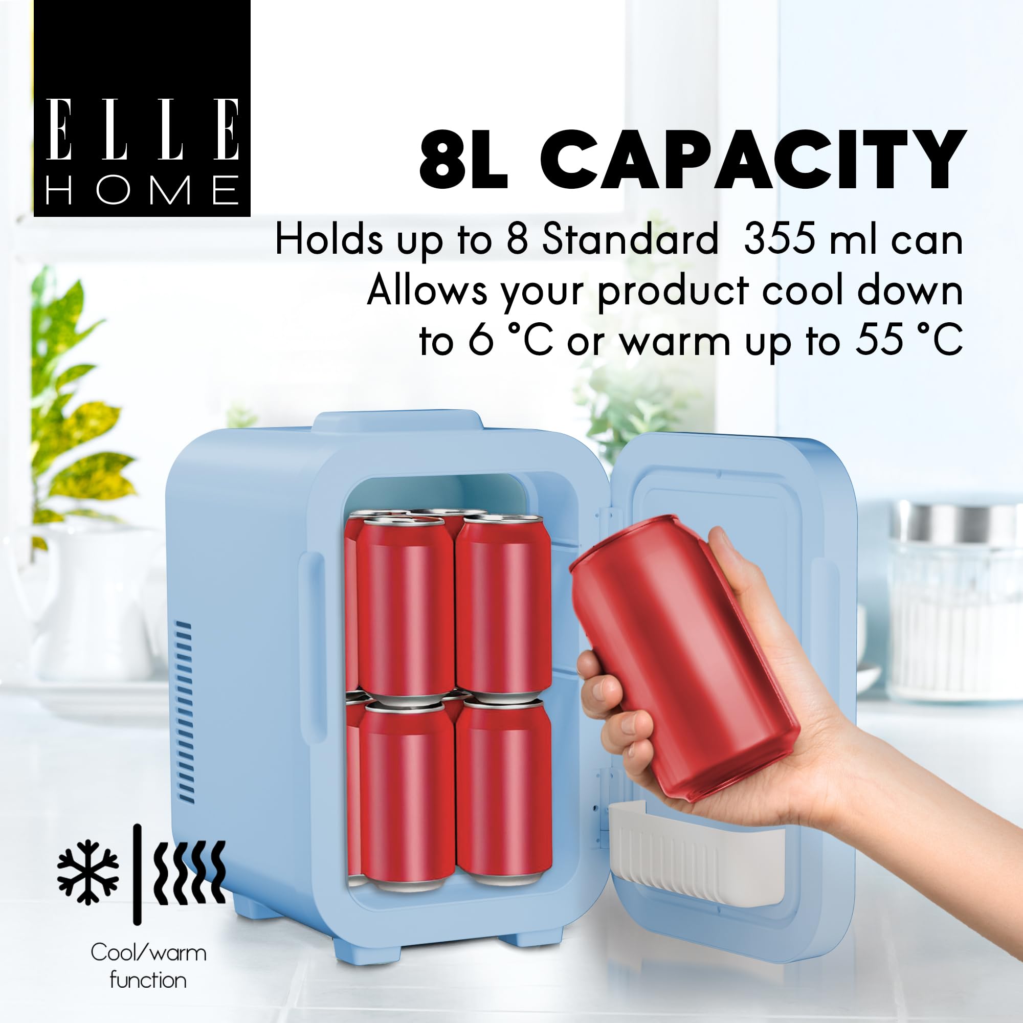 ELLE Mini Frigo Cosmetico 8L con Specchio LED - Frigorifero Bellezza Caldo & Freddo per Skincare, Cura del viso, Cosmetici, Sieri, Maschere e Bevande, Illuminazione LED Integrata - Blu