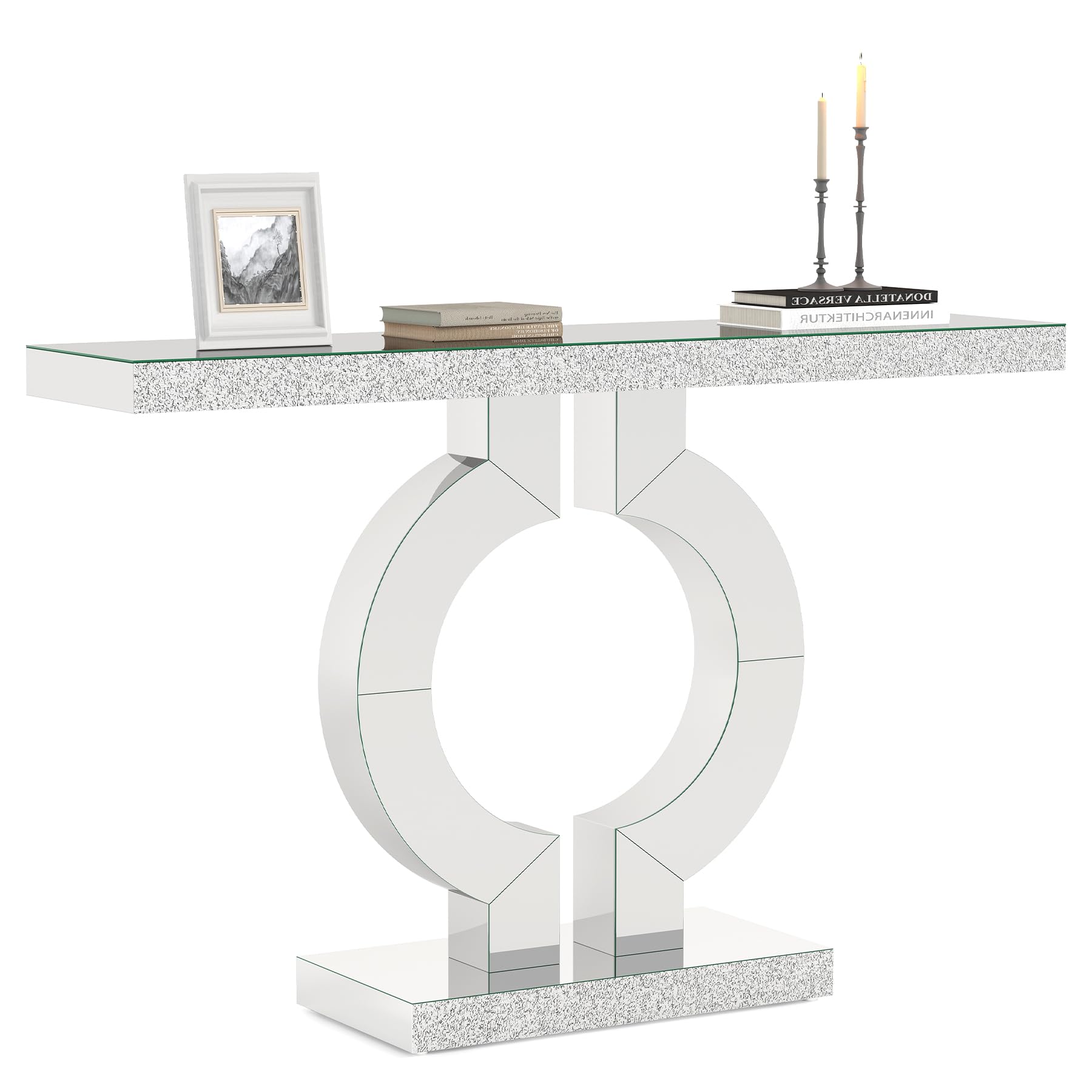 LITTLE TREE 43-Inch Mirrored Console Table with O-Shaped Base, Glass Entryway Table for Living Room, Modern Narrow Silver Sofa Table with Mirrored