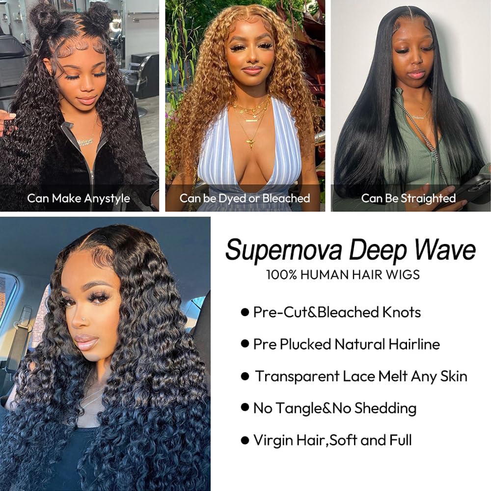 SUPERNOVA Glueless 13x6 Deep Wave Lace Front Wigs Human Hair Pre Plucked Pre Cut Glueless Wig Wear And Go Deep Curly Wave Human Hair Wigs For Black Women Transparent Lace 150 Density 16inch