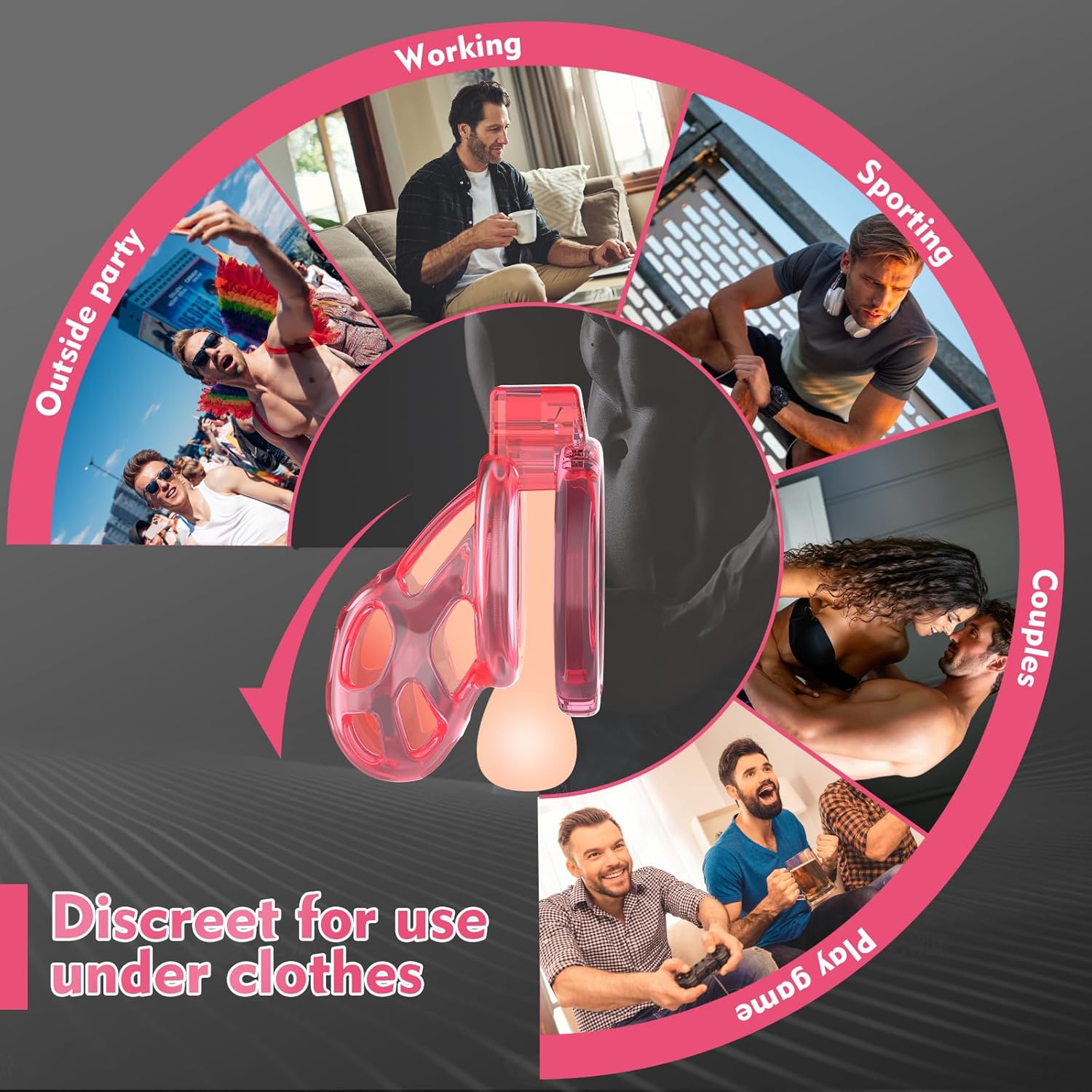 Male Chastity Cage Devices - Soft Silicone Cock Cage Lightweight for Man Penis Bondage, Pink Sissy Chasity Lock Cage Invisible Use with 6 Penis Rings, BDSM Sex Toys for Men