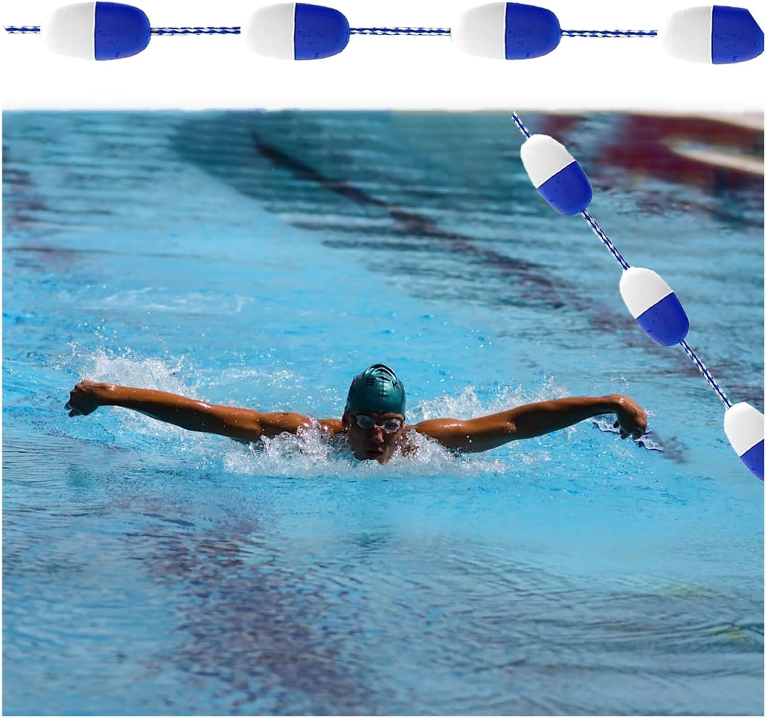 High Visibility Swimming Pool Lane Divider Rope, Durable Nylon Buoy Line for Competition & Family Practice, Indoor/Outdoor Safety Cordon, Available in 20-95 Ft with Hook (8ft/2.4m)