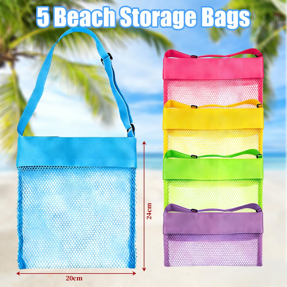 Bolsa Juguetes Playa Malla, 5 PCS Bandolera Bolsa Playa Niños, Beach Toy Bag, Ajustable Bolsa Playa Niños, para Guardar Juguetes y Conchas Marinas