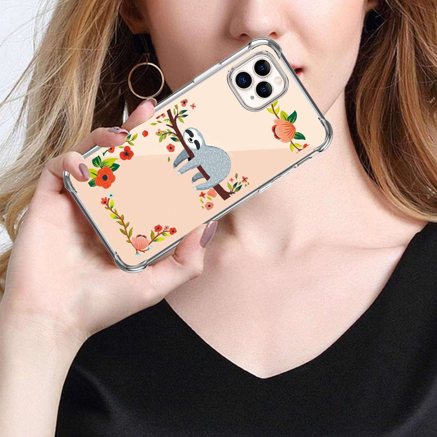 Hepix Sloth Case Compatible with iPhone 11 Pro Max 6.5 inch, Cute Sloth Hanging on Tree with Floral Design Case, Slim Soft TPU Stylish Raised Lips Anti-Scratch Shockproof Protective Case, Funny Animal