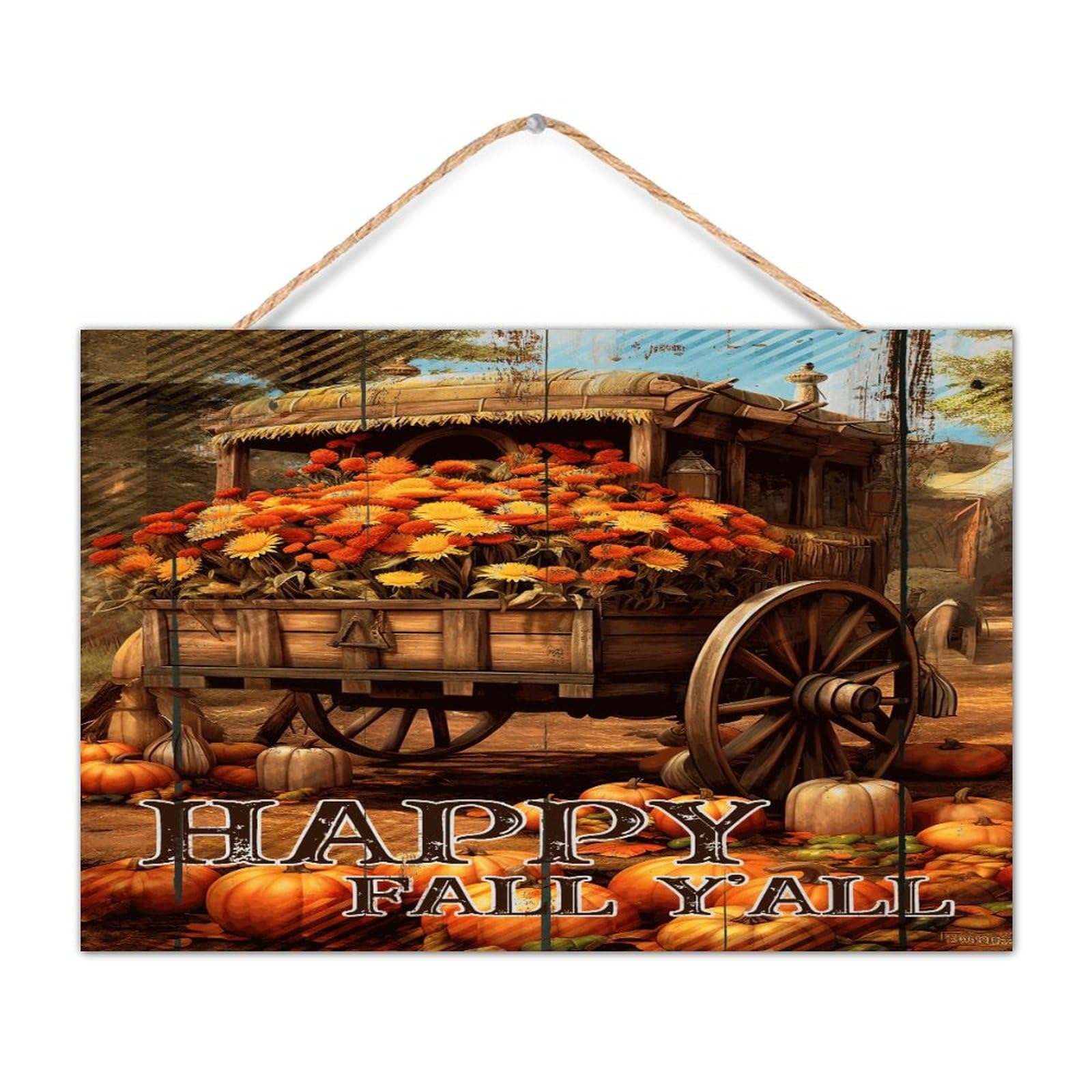 CustonCares Happy Fall Y'all Wooden Sign Home Decoration Inspirational Hello Fall Pumpkin Leaves Signs Motivational Wooden Signs for Kitchen Laundry Window 12x8in