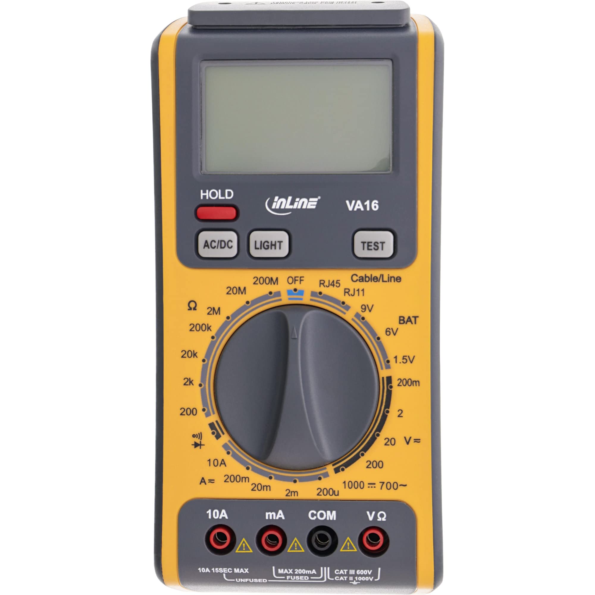 InLine 21722 Multimetro Digitale 3-in-1 con Tester per Cavi RJ45, RJ11 e Tester per Batterie Integrato, Sicurezza Cat II 1000V/Cat, Nero