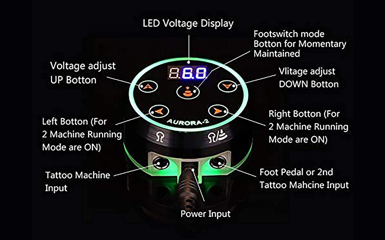 Coveted Professional Tattoo Power Supply - Aurora Colorful 2nd Generation with Digital Display, Push Button Rotary Tattoo Machine Compatibility, Adjustable Voltage, Sleek Black Color - OTW-PDL2-1