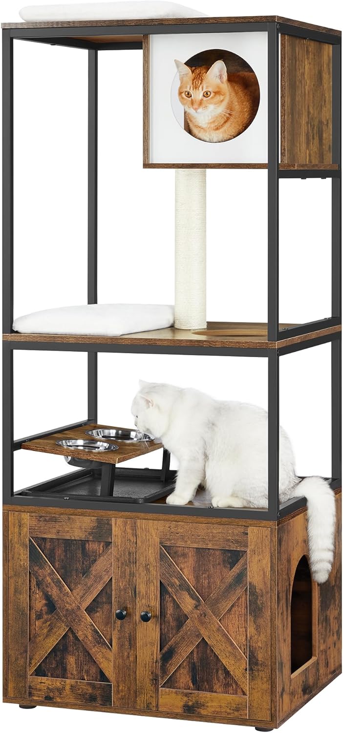 Feandrea PCT312X01 Kratzbaum für Katzen, Kratzbaum mit Katzentoilette, erhöhter Schüsselständer, Sisalpfosten, waschbare Kissen, Vintage-Braun
