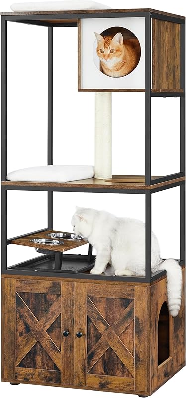 Feandrea Arbre à Chat, Maison pour Chat avec Cache-litière, Gamelles Surélevées, Poteau à Griffer en Sisal, Tapis Lavables, Marron Rustique PCT312X01