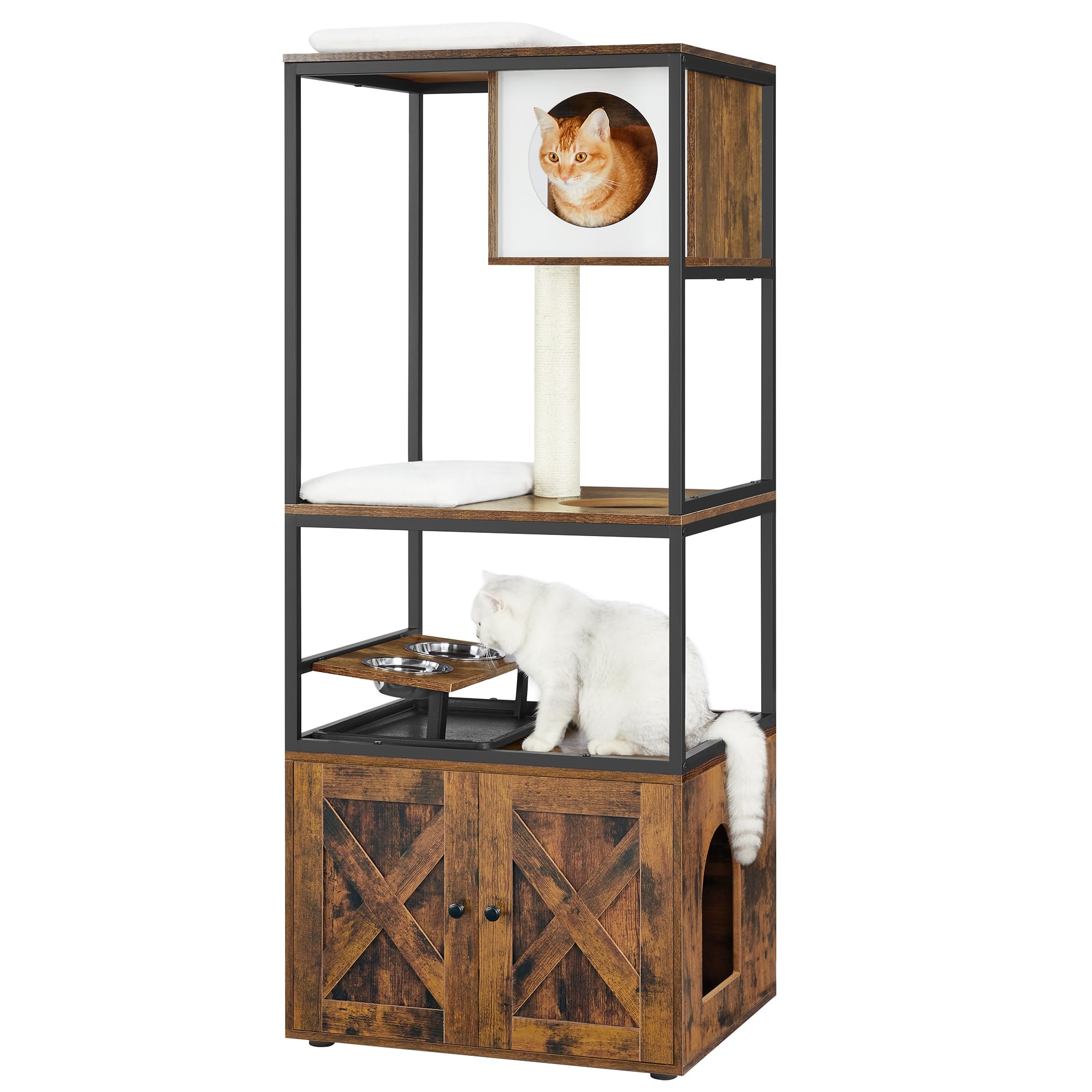 Feandrea Kratzbaum, Katzenbaum, Katzenhaus mit Katzenklo-Schrank, erhöhter Napfständer, Sisalstamm, waschbare Kissen, vintagebraun PCT312X01