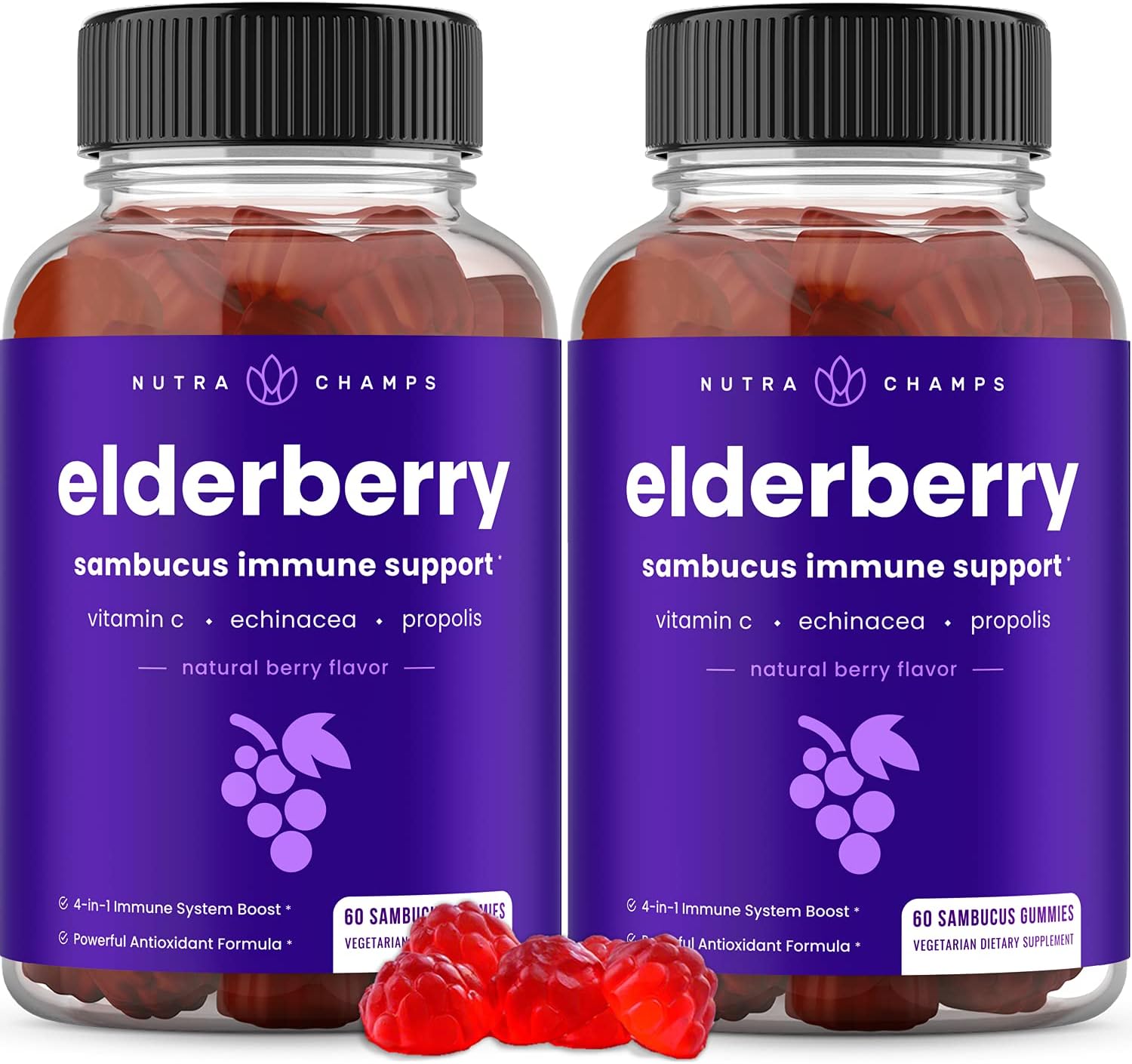 NutraChamps (2 Pack) Elderberry Gummies with Vitamin C, Propolis & Echinacea - Immune System Support Gummy Vitamins for Adults & Kids - Max Strength 200mg Sambucus Antioxidant