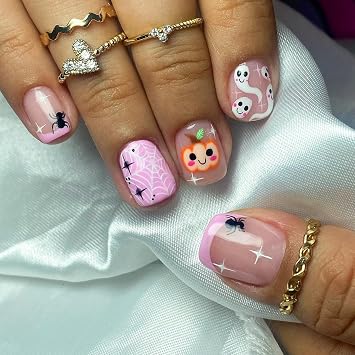 Halloween Pink Press on Nails Short Square Fake Nails Cute Little Ghost Pumpkin Designs False Nails Glossy Halloween Spider Web Bats Acrylic Nails Full Cover Stick on Nails for Women Manicure Decor