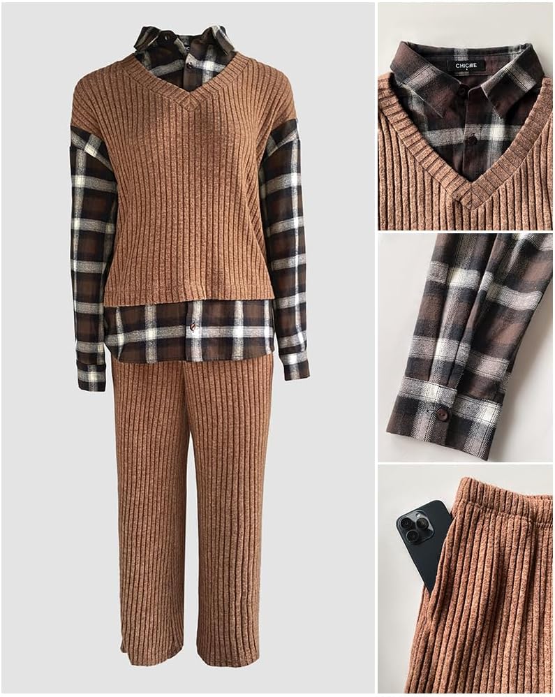 CHICME Women's 2 Piece Outfits Plaid Spliced Turn-down Ribbed Long Sleeve Faux Two-Piece Top and Elastic Waist Pants Set - Image 5
