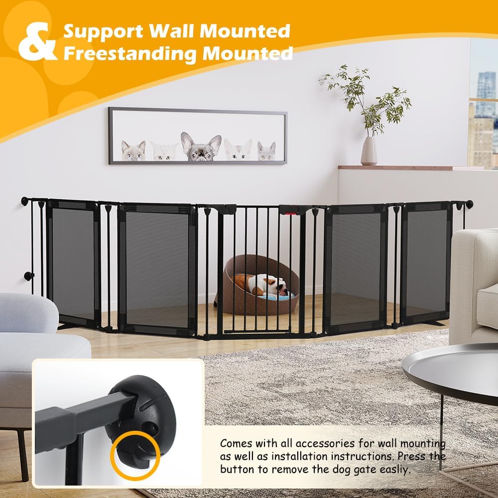 Dog Gate Foldable Pet Playpen Extra Wide 29"-126", Auto Close Pet Gate Dog Fence Pressure Mounted Walk Through Swing Safety Pet Fence Indoor Puppy Date for Stairs, 29" Height-5 Panels, Black