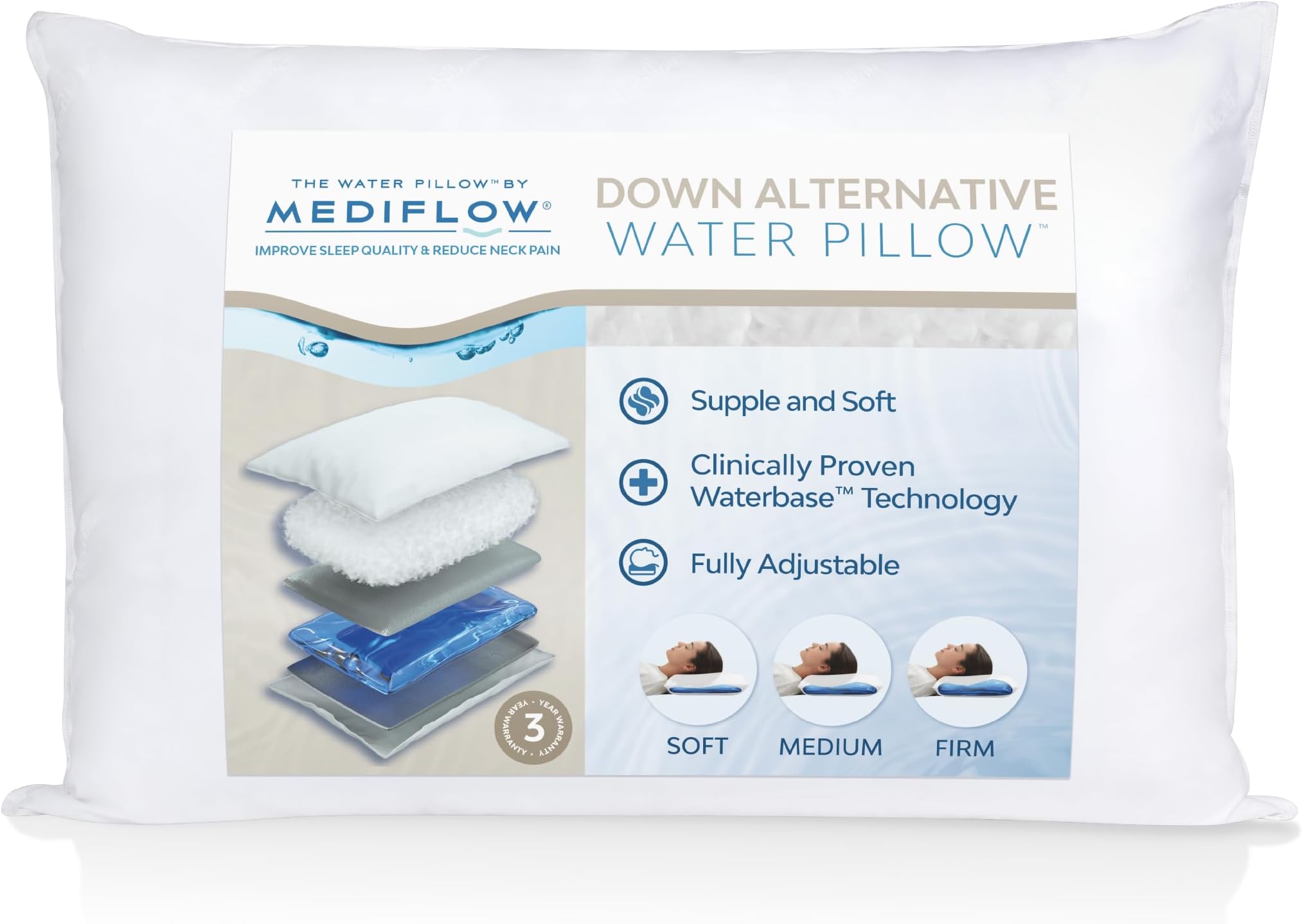 Down Alternative Water Pillow – Adjustable for Neck Pain Relief, Side, Back, and Stomach Sleepers, The Original Inventor of The Water Pillow