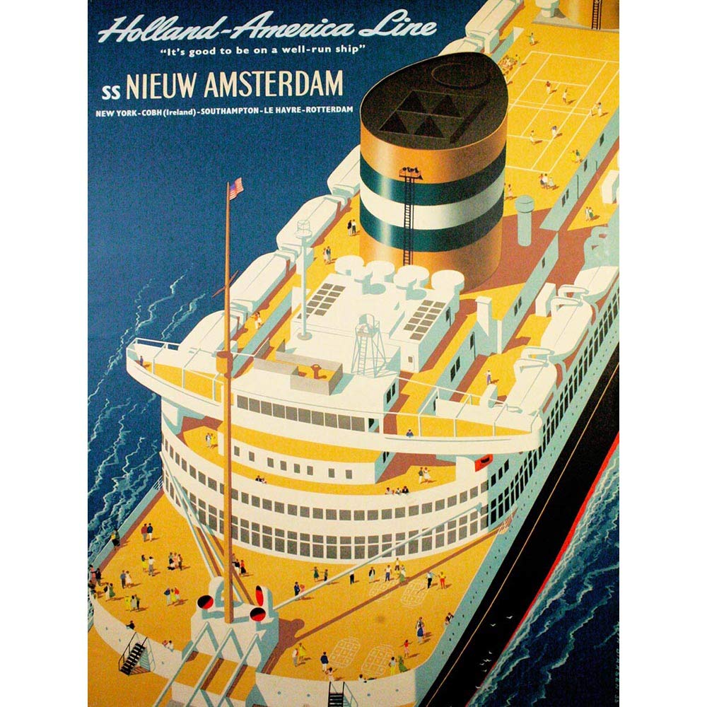 Wee Blue Coo Travel Holland America Ocean Liner Ship Funnel Deck Netherland USA Art Print Poster Wall Decor 12X16 Inch